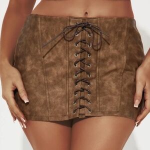 Tan Cream Mini Pencil Skirt with Tie Front